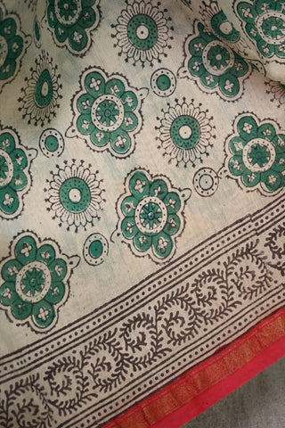 Beige-Green Sanganeri Print Cotton Silk Chanderi Saree - SRBGCSCS95