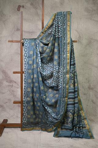 Teal Blue Vanaspati Print Cotton Silk Chanderi Saree With Maheshwari Border - SRTBCSCS82