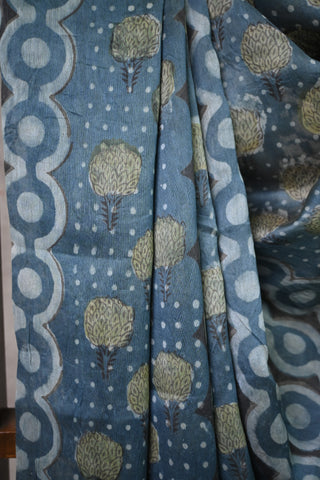 Teal Blue Vanaspati Print Cotton Silk Chanderi Saree With Maheshwari Border - SRTBCSCS82