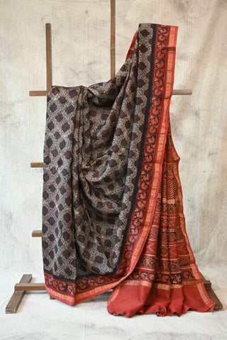 Black HBP Cotton Silk Chanderi Saree With Geometric Print