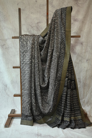 Grey HBP Cotton Silk Chanderi Saree With Paisley Print