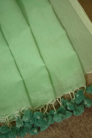 Pastel Green Mulmul Cotton Saree With Mint Green Tassels