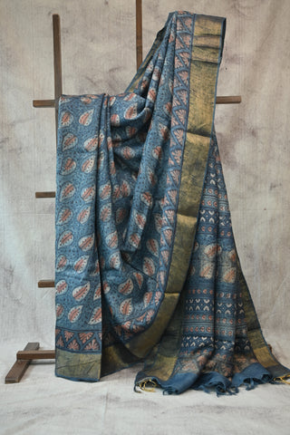 Light Indigo Leaf Print HBP Tussar Silk Saree With Golden Zari Border