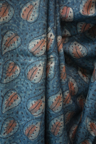 Light Indigo Leaf Print HBP Tussar Silk Saree With Golden Zari Border