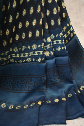 Black And Blue Modal Silk Saree With White Leaf Print