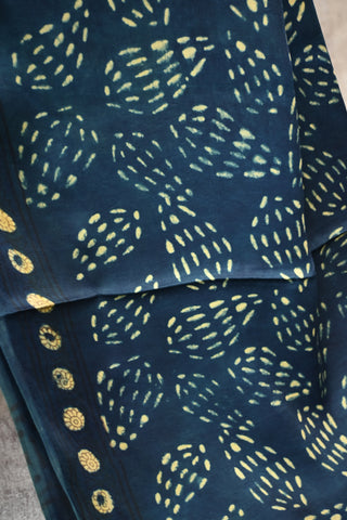 Black And Blue Modal Silk Saree With White Leaf Print