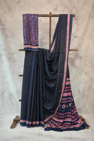 Black Modal Silk Saree With Blue Floral Print