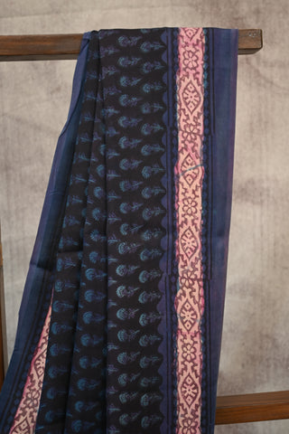 Black Modal Silk Saree With Blue Floral Print