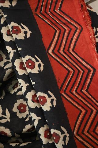 Black Modal Silk Saree With Red Zig Zag Border