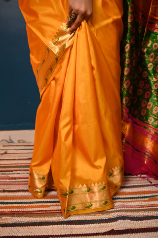 Yellow Soft Silk Saree With Pink Pallu