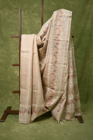 Beige Machine Embroidered Tussar Silk Saree-SRBMETSS42