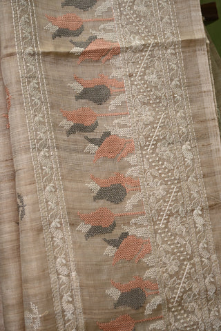 Beige Machine Embroidered Tussar Silk Saree-SRBMETSS42