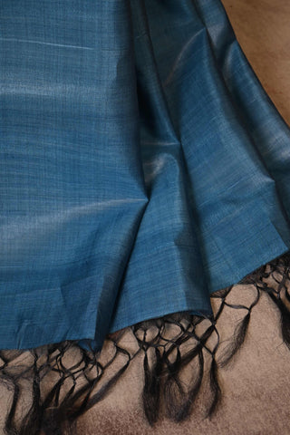 Teal Blue Tussar Silk Saree With Small Floral Zari Butti