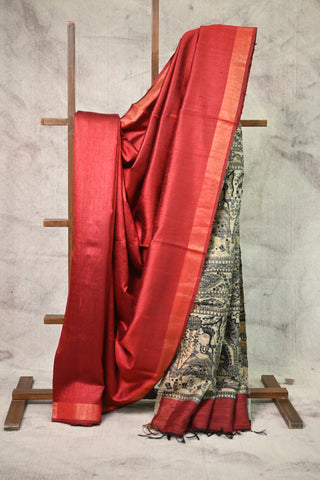 Red Raw Silk Madhubani Saree - SRRRSMS13