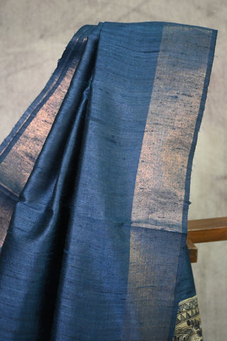 Peacock Blue Raw Silk Madhubani Saree - SRPBRSMS10