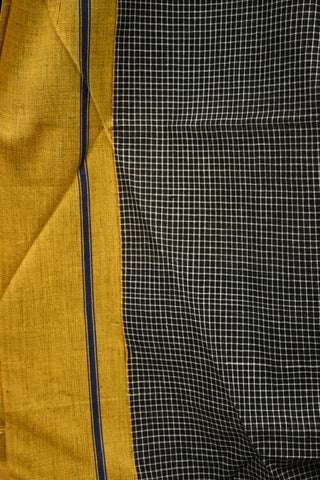 Black Small Checks Patteda Anchu Saree With Yellow-Blue Border-SRBCPAS19
