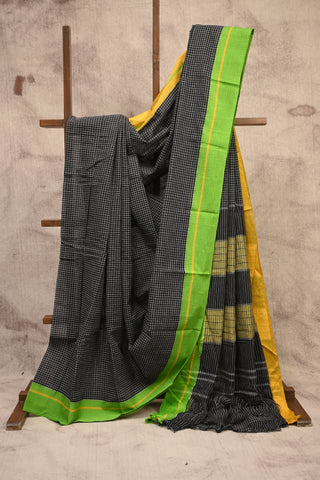 Black Big Checks Patteda Anchu Saree With Green-Yellow Border