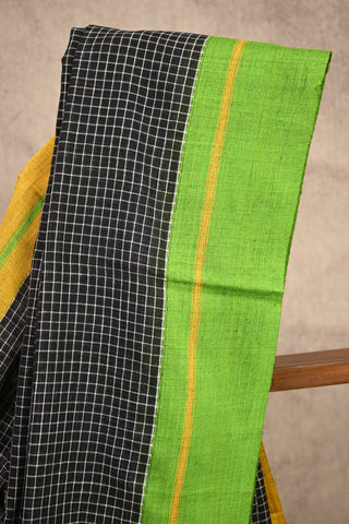 Black Big Checks Patteda Anchu Saree With Green-Yellow Border