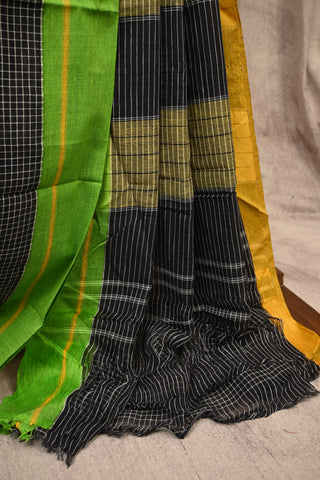 Black Big Checks Patteda Anchu Saree With Green-Yellow Border