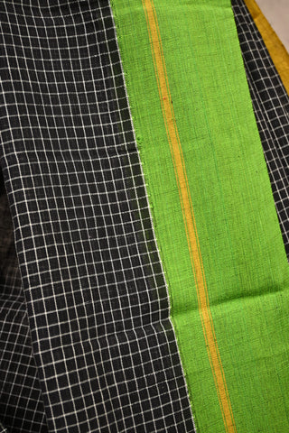 Black Big Checks Patteda Anchu Saree With Green-Yellow Border