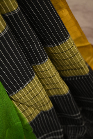 Black Big Checks Patteda Anchu Saree With Green-Yellow Border