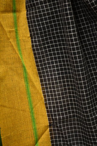 Black Big Checks Patteda Anchu Saree With Green-Yellow Border