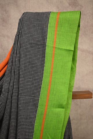 Black Small Checks Cotton Patteda Anchu Saree With Green-Orange Border