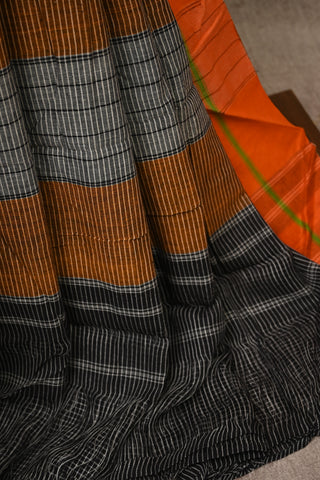 Black Small Checks Cotton Patteda Anchu Saree With Green-Orange Border