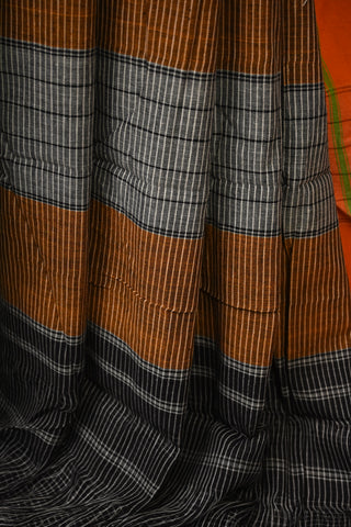 Black Small Checks Cotton Patteda Anchu Saree With Green-Orange Border