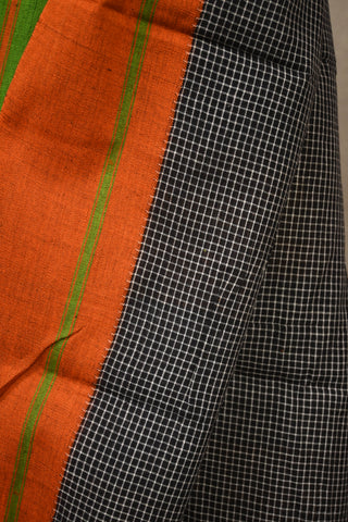 Black Small Checks Cotton Patteda Anchu Saree With Green-Orange Border