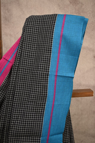 Big Checks Black Cotton Patteda Anchu With Pink-Sky Blue Border