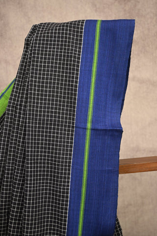 Big Checks Black Patteda Anchu Saree With Blue-Green Border