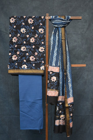Blue-Black HBP Cotton Silk Chanderi Dress Material With White Floral Print