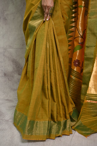 Two Tone Moss Green Cotton Paithani Saree  With Simple Border