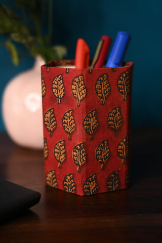 Red HBP Cotton Pen Stand With Leaf Print - SRRCPS51