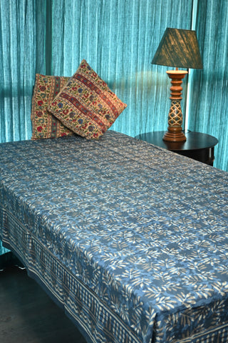 Indigo HBP Cotton Single Bedsheet With All Over Leaf Print