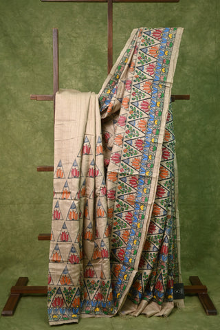 Beige Handpainted Tussar Silk Saree-SRBTSS196