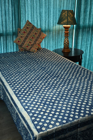 Indigo HBP Cotton Single Bedsheet With Big Dots And Stripes