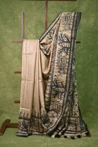 Beige Tussar Handpainted Silk Saree-SRBTSS205