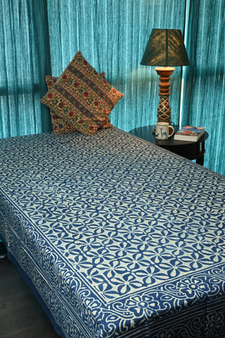 Indigo HBP Cotton Single Bedsheet With Floral Border