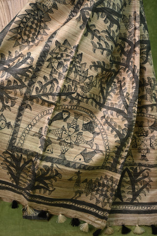 Beige Tussar Handpainted Silk Saree-SRBTSS205