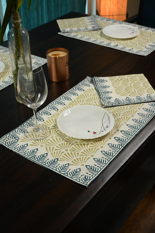 White-Olive Green HBP Cotton Table Mat (Set Of 12)