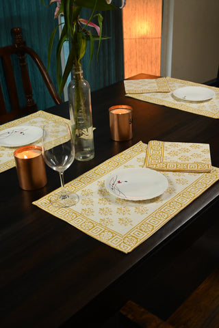 White And Mustard HBP Cotton Table Mat (Set Of 12)