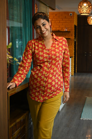 Red Yellow Floral HBP Cotton Kurta With Long Sleeve
