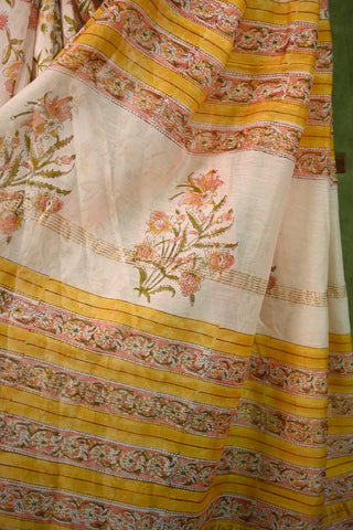 White Sanganeri Print HBP Cotton Silk Chanderi Saree - SRWCSCS19