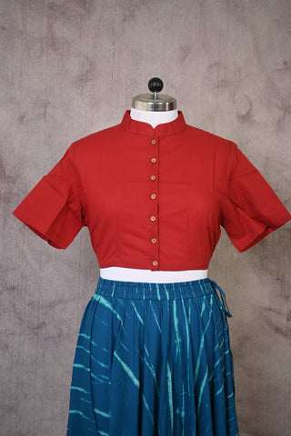 Stand Collar Burnt Red Plain Cotton Blouse