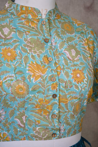 Stand Collar Sea Green HBP Cotton Blouse With Floral Print