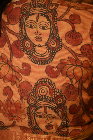 Rust Brown Hand Painted Kalamkari Cotton Blouse With Lord Print