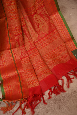 Red Kanchi Cotton Saree With Golden Checks