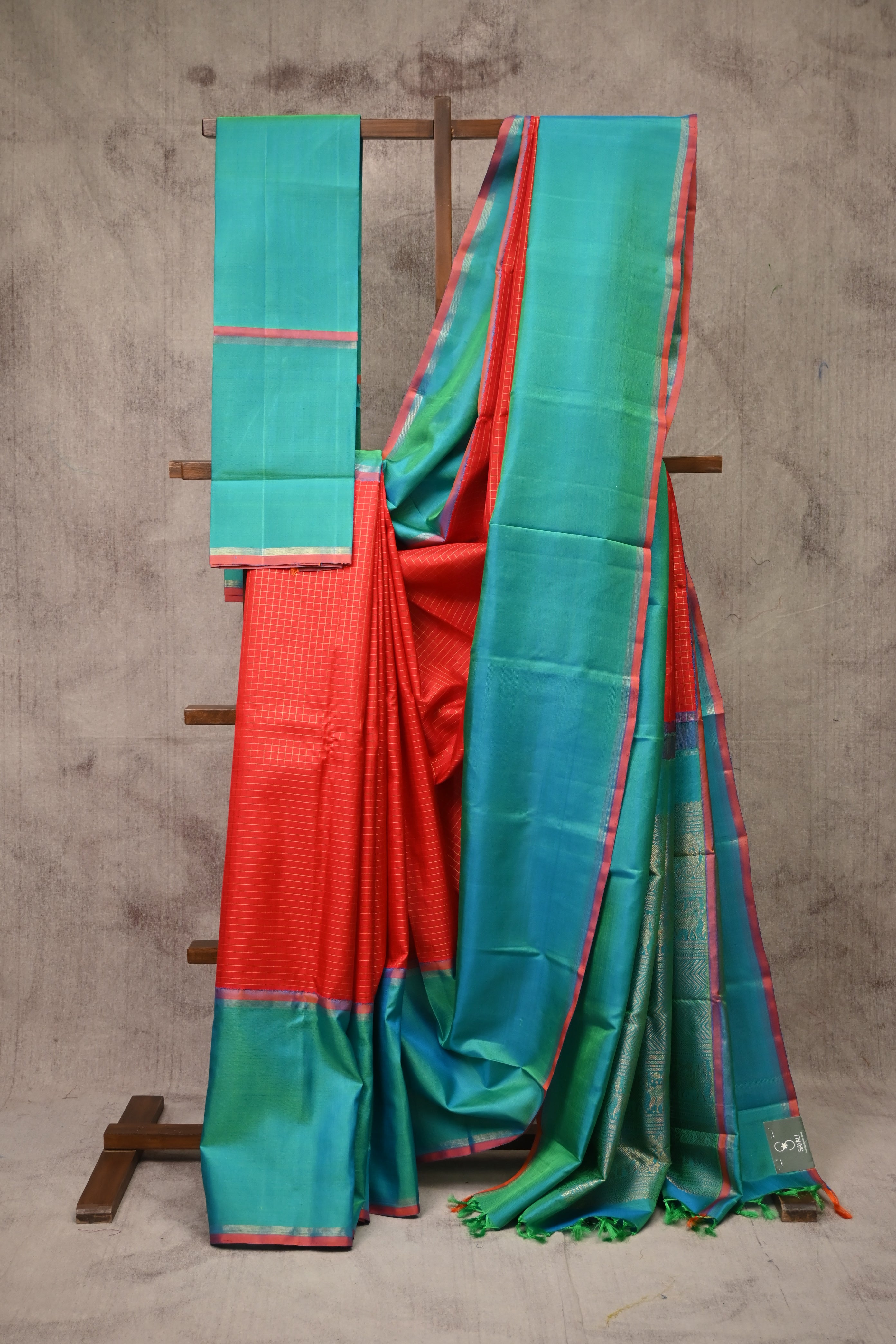 Red-Peacock Green Kanjeevaram Silk Saree